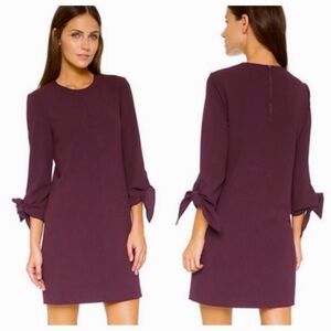 Tibi Woven Tie Sleeve Shift Mini Crew Neck Dress Wine